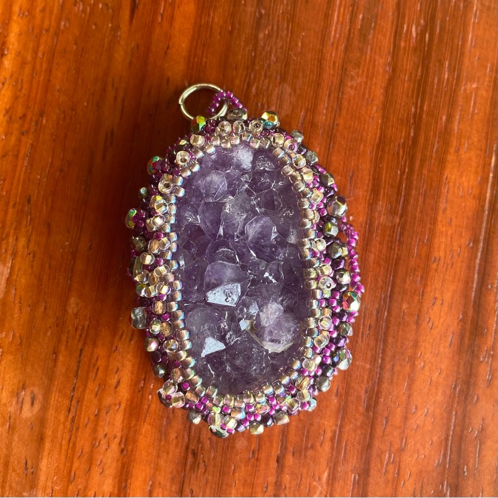 Bead Embroidered Amethyst Druzy Pendant